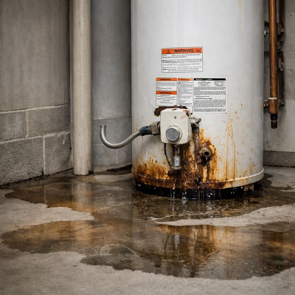 Corroded leaking water heater showing signs of failure