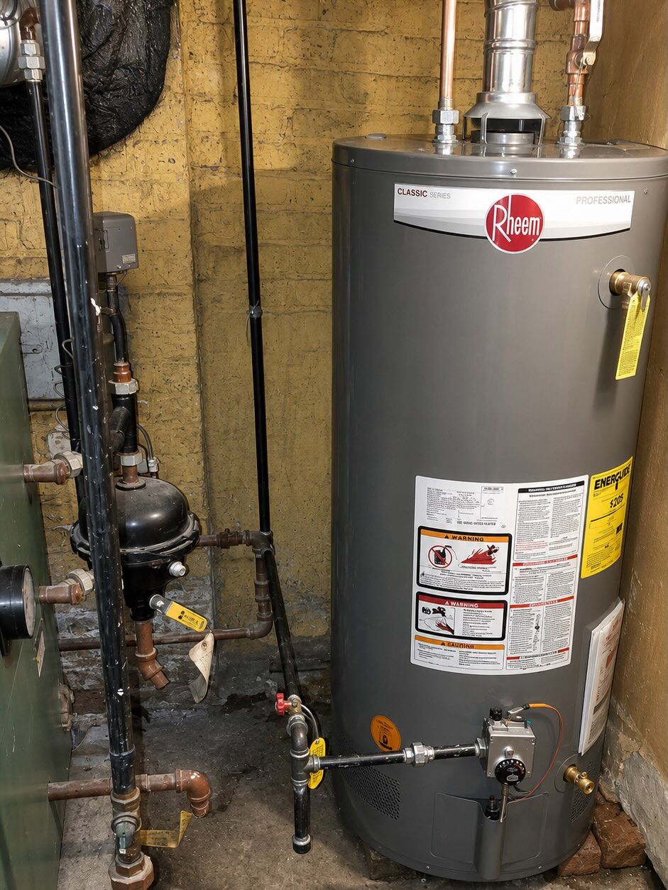 Gas water heater and metal flue connector in a compact basement